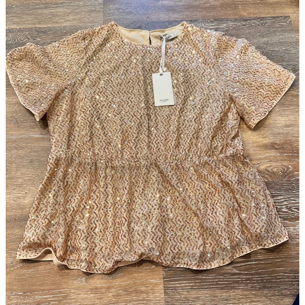 GRACE KARIN Women Sequin‎ Party Cocktails Tops Short Sleeve Peplum Metallic
